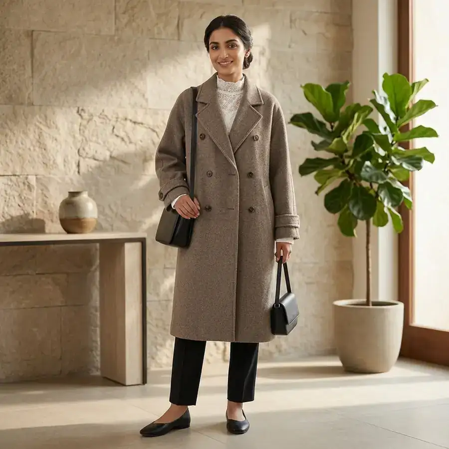 Woman wearing a double-breasted coat — shop factory-direct from China on Markaz